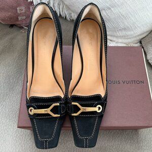 Authentic Louis Vuitton Nubuck Black Loafer Heels - Black
